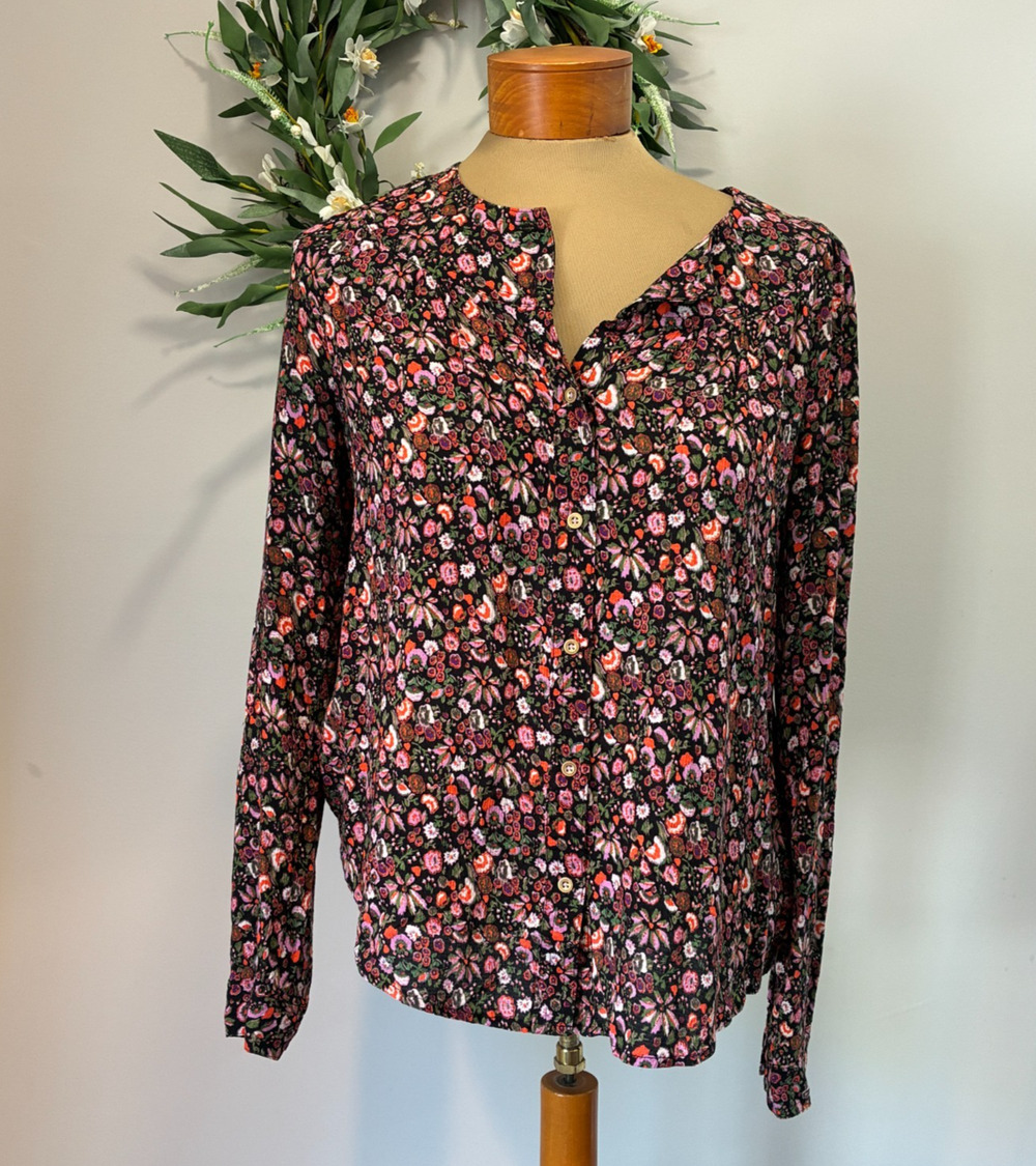 Maeve By Anthropologie Blouse Women Black Pink Ditsy Floral Button, Size M